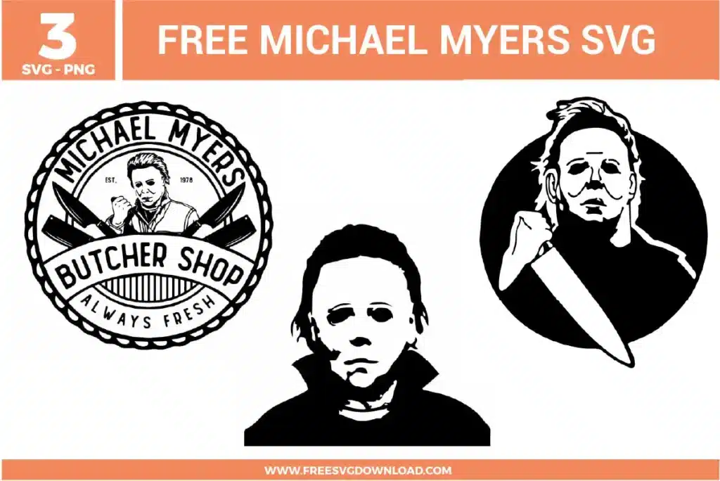Three detailed Michael Myers silhouettes including a "Michael Myers Butcher Shop" circular logo with knives, a minimalist facial portrait, and a large circular badge featuring the killer holding a chef's knife as free svg files. The high-contrast black and white vector art captures the classic Halloween slasher aesthetic for horror movie fan apparel and DIY crafts.