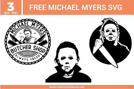 Three detailed Michael Myers silhouettes including a "Michael Myers Butcher Shop" circular logo with knives, a minimalist facial portrait, and a large circular badge featuring the killer holding a chef's knife as free svg files. The high-contrast black and white vector art captures the classic Halloween slasher aesthetic for horror movie fan apparel and DIY crafts.