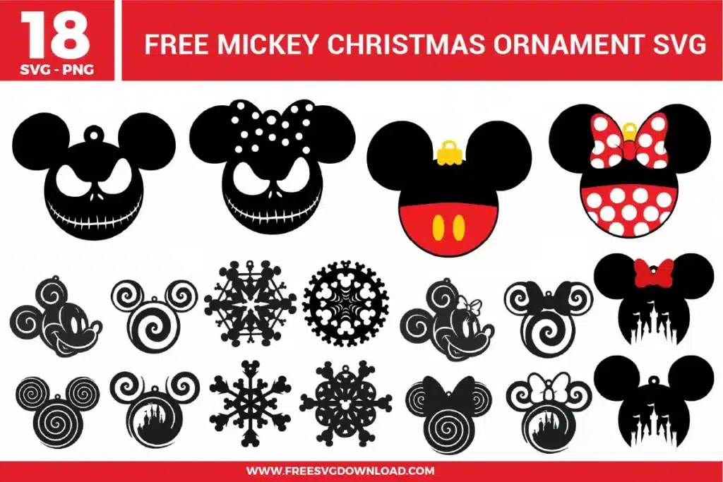 Free Mickey Christmas ornament SVG designs showing ornament style Mickey head silhouettes with bows, snowflake patterns, swirl details, and festive holiday themed decorations