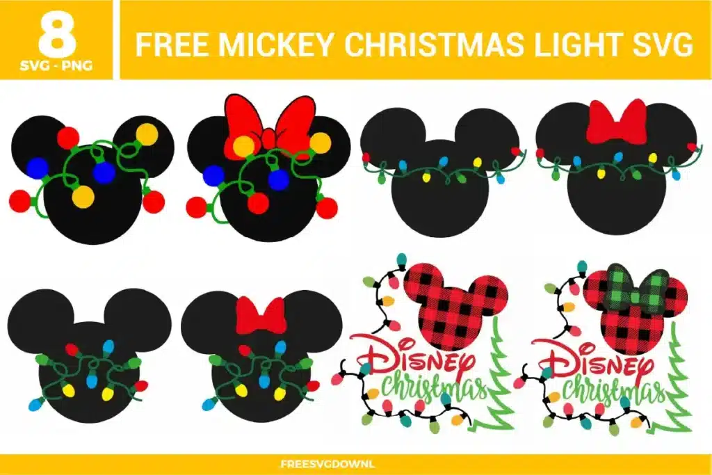Free Mickey Christmas light SVG designs showing Mickey head silhouettes decorated with colorful string lights, bows, and festive holiday themed details