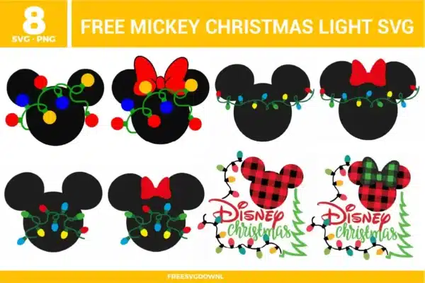 Free Mickey Christmas light SVG designs showing Mickey head silhouettes decorated with colorful string lights, bows, and festive holiday themed details
