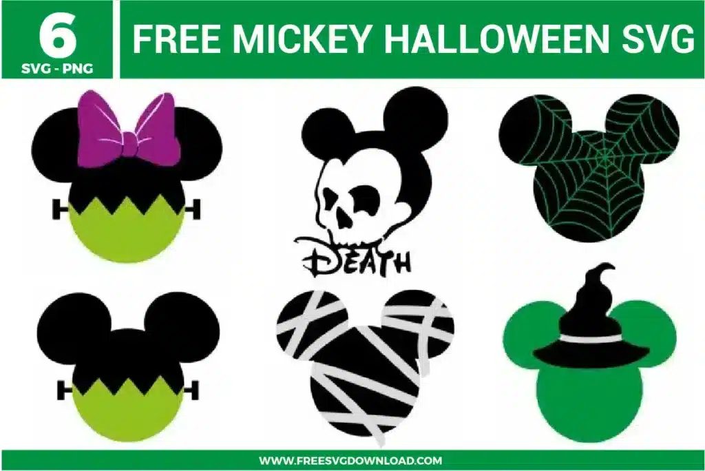 Free Mickey Halloween SVG designs showing spooky Mickey silhouettes with skull faces, spiderweb patterns, mummy wraps, witch hats, and themed Halloween details