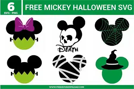 Free Mickey Halloween SVG designs showing spooky Mickey silhouettes with skull faces, spiderweb patterns, mummy wraps, witch hats, and themed Halloween details