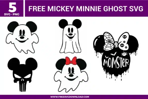 Free Mickey and Minnie ghost SVG designs showing cute Halloween ghost characters with bows, spooky faces, dripping details, and playful seasonal expressions