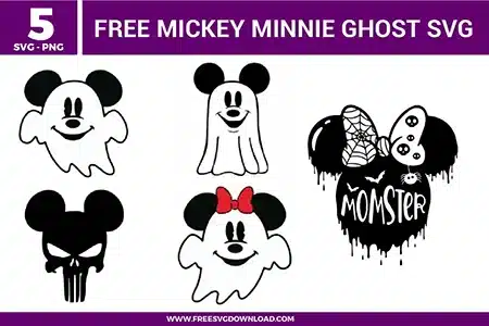 Free Mickey and Minnie ghost SVG designs showing cute Halloween ghost characters with bows, spooky faces, dripping details, and playful seasonal expressions