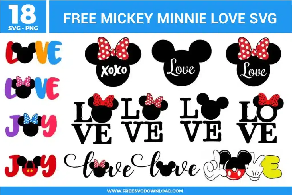 Free Mickey and Minnie love SVG designs showing romantic word art, heart themed layouts, bows, playful lettering, and classic character silhouettes