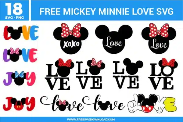 Free Mickey and Minnie love SVG designs showing romantic word art, heart themed layouts, bows, playful lettering, and classic character silhouettes