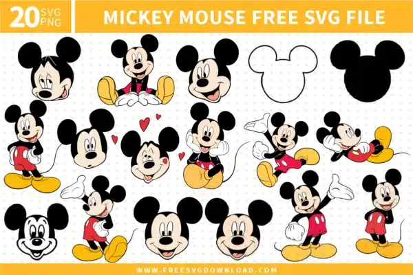 Free Mickey Mouse SVG designs showing classic Mickey character poses, facial expressions, full body illustrations, head silhouettes, and outline styles for Disney themed crafting projects