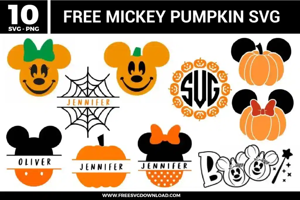 Free Mickey pumpkin SVG designs showing Halloween themed Mickey and Minnie pumpkin faces, bows, spiderweb monograms, personalized name elements, and festive fall details