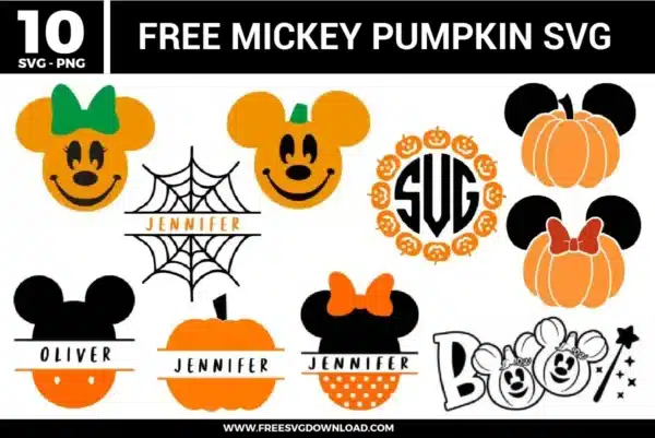 Free Mickey pumpkin SVG designs showing Halloween themed Mickey and Minnie pumpkin faces, bows, spiderweb monograms, personalized name elements, and festive fall details
