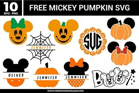 Free Mickey pumpkin SVG designs showing Halloween themed Mickey and Minnie pumpkin faces, bows, spiderweb monograms, personalized name elements, and festive fall details