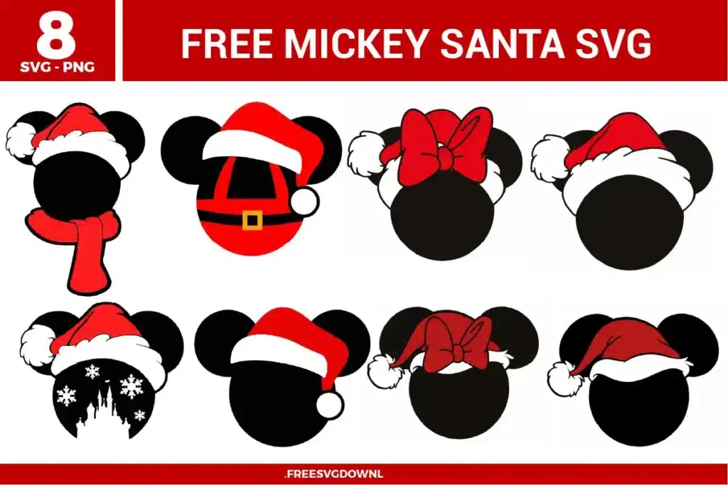 Free Mickey Santa SVG designs showing Mickey head silhouettes with Santa hats, scarves, bows, and festive Christmas themed details