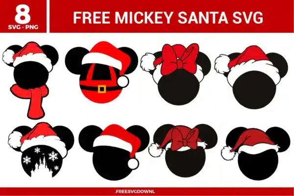 Free Mickey Santa SVG designs showing Mickey head silhouettes with Santa hats, scarves, bows, and festive Christmas themed details