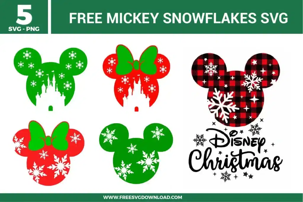 Free Mickey snowflake SVG designs showing winter themed Mickey silhouettes with snowflake patterns, bows, castle details, and festive Christmas inspired elements