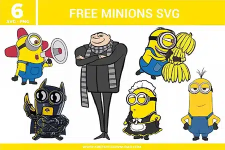 6 Minions free svg files including Felonius Gru with his signature scarf, a Minion with a megaphone, a Minion hugging a bunch of bananas, a funny Maid Minion, a classic Kevin Minion, and a unique Batman Minion mashup, perfect for colorful vinyl and sublimation projects.