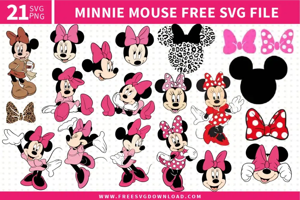 Free Minnie Mouse SVG designs showing classic Minnie character poses, facial expressions, bow variations, silhouettes, and outfit styles for Disney themed crafting projects