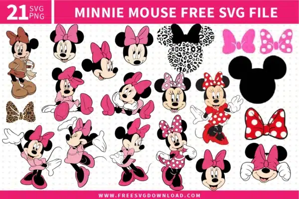 Free Minnie Mouse SVG designs showing classic Minnie character poses, facial expressions, bow variations, silhouettes, and outfit styles for Disney themed crafting projects