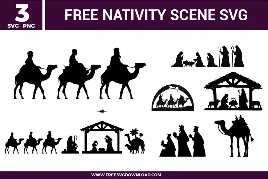 Nativity Scene SVG bundle preview showing three Christian Christmas designs with wise men on camels, baby Jesus manger scene, stable silhouettes, shepherds, animals, star details, and black nativity artwork for Cricut and Silhouette.