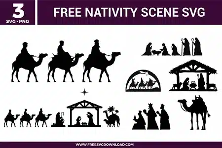 Nativity Scene SVG bundle preview showing three Christian Christmas designs with wise men on camels, baby Jesus manger scene, stable silhouettes, shepherds, animals, star details, and black nativity artwork for Cricut and Silhouette.