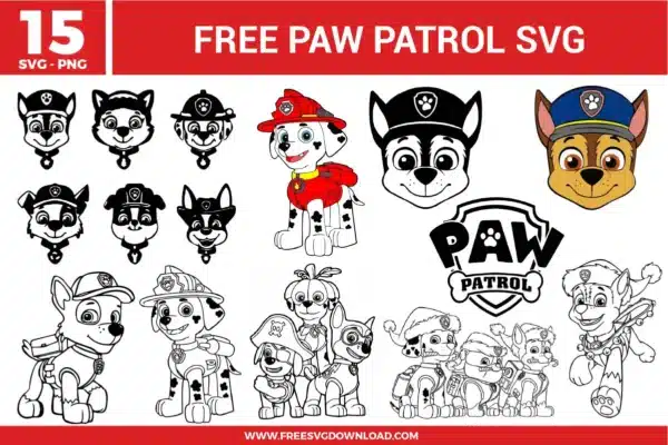 15 free Paw Patrol SVG and PNG files for crafting. The collection includes various puppy character faces in black and white line art, a full-color Marshall illustration, a large color Chase face, the Paw Patrol shield logo, and several character group scenes in an outline style.