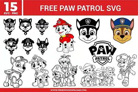 15 free Paw Patrol SVG and PNG files for crafting. The collection includes various puppy character faces in black and white line art, a full-color Marshall illustration, a large color Chase face, the Paw Patrol shield logo, and several character group scenes in an outline style.