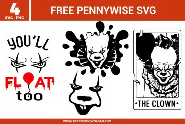 A collection of 4 Pennywise-inspired designs including a "You'll Float Too" graphic with a red balloon, creepy clown face silhouettes with jagged ruffles, and a "The Clown" tarot-style card frame as free svg files. The black and red vector art captures the menacing aesthetic of IT, perfect for horror-themed Halloween crafts and custom apparel.