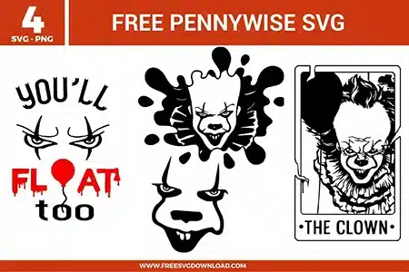 A collection of 4 Pennywise-inspired designs including a "You'll Float Too" graphic with a red balloon, creepy clown face silhouettes with jagged ruffles, and a "The Clown" tarot-style card frame as free svg files. The black and red vector art captures the menacing aesthetic of IT, perfect for horror-themed Halloween crafts and custom apparel.