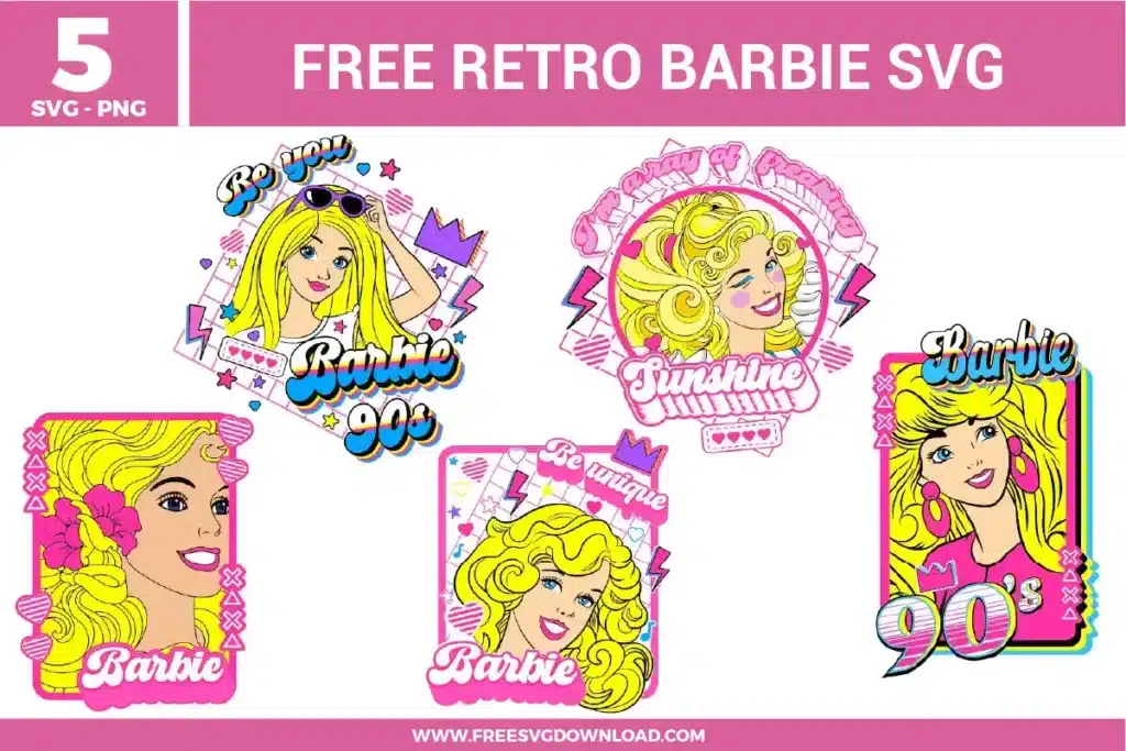 Retro Barbie SVG bundle featuring 90s style Barbie illustrations, vintage Barbie graphics, colorful retro typography, and fashion themed character designs for crafting and cutting projects