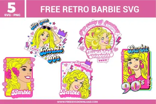 Retro Barbie SVG bundle featuring 90s style Barbie illustrations, vintage Barbie graphics, colorful retro typography, and fashion themed character designs for crafting and cutting projects