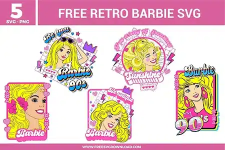Retro Barbie SVG bundle featuring 90s style Barbie illustrations, vintage Barbie graphics, colorful retro typography, and fashion themed character designs for crafting and cutting projects.