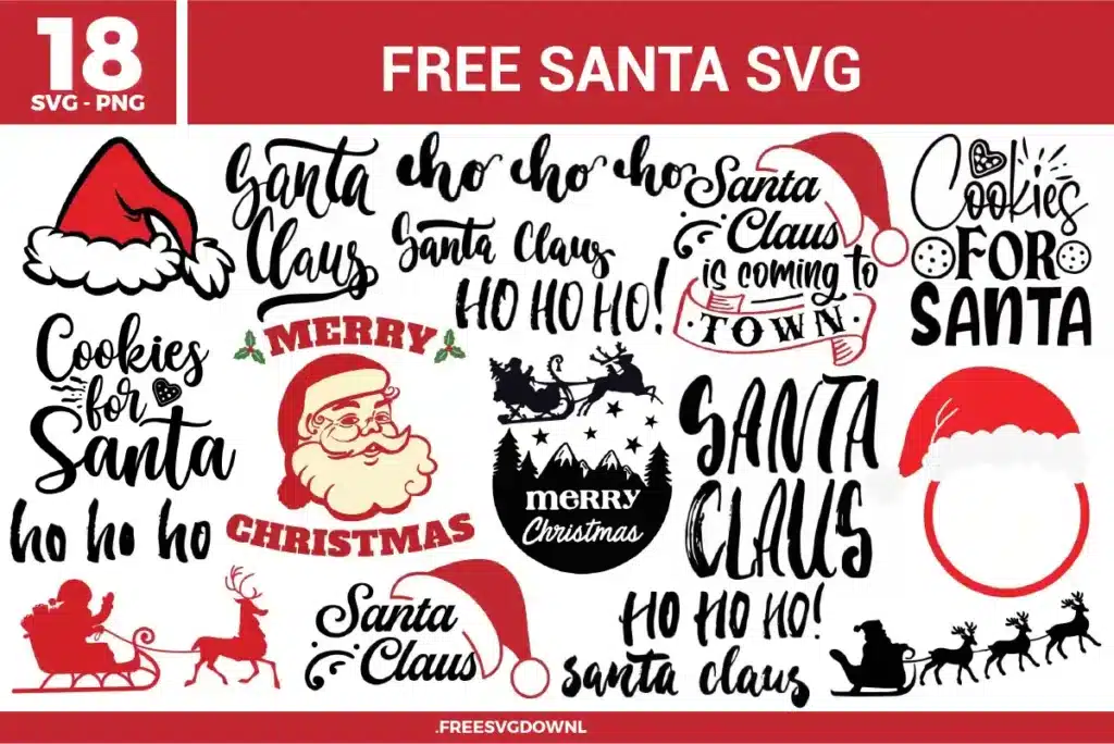 18 holiday designs from the Santa SVG bundle, including jolly faces and quotes, available as free svg files for DIY crafts.