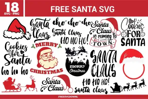 18 holiday designs from the Santa SVG bundle, including jolly faces and quotes, available as free svg files for DIY crafts.