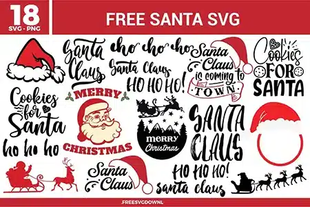 18 holiday designs from the Santa SVG bundle, including jolly faces and quotes, available as free svg files for DIY crafts.