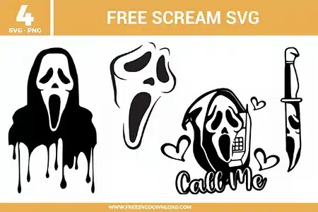 A collection of 4 Ghostface designs featuring a dripping mask silhouette, a minimalist facial outline, a "Call Me" graphic with a retro phone and hearts, and a killer's knife with a mask reflection as free svg files. These black vector graphics capture the iconic Scream aesthetic for high-contrast Halloween vinyl and digital crafting.