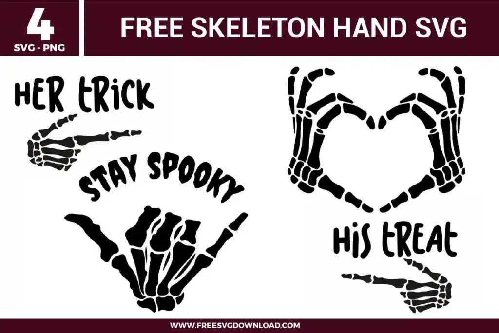 5 skeleton hand designs including a heart gesture, a shaka "hang loose" sign, and "Her Trick" and "His Treat" pointing hands as free svg files. The black vector art features detailed bone anatomy and spooky typography, ideal for matching Halloween couple shirts and trendy holiday decals.