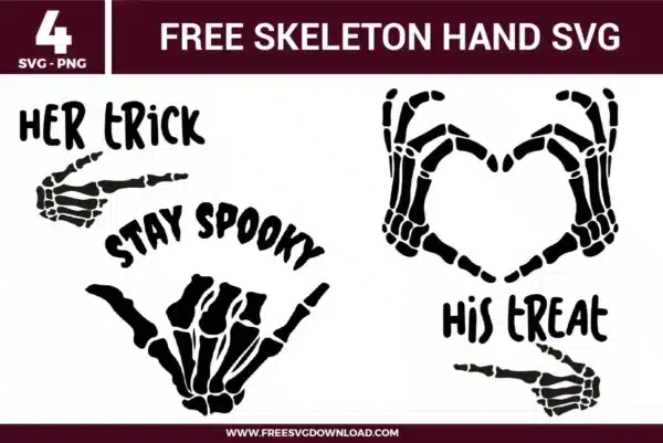 5 skeleton hand designs including a heart gesture, a shaka "hang loose" sign, and "Her Trick" and "His Treat" pointing hands as free svg files. The black vector art features detailed bone anatomy and spooky typography, ideal for matching Halloween couple shirts and trendy holiday decals.
