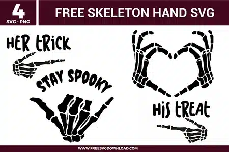 5 skeleton hand designs including a heart gesture, a shaka "hang loose" sign, and "Her Trick" and "His Treat" pointing hands as free svg files. The black vector art features detailed bone anatomy and spooky typography, ideal for matching Halloween couple shirts and trendy holiday decals.
