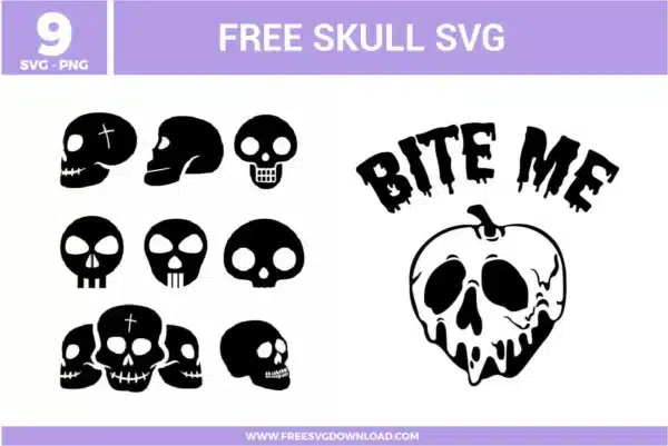 10 skull-themed designs including various human skull silhouettes, a triple-skull arrangement with cross details, and a melting poison apple skull with "BITE ME" dripping text as free svg files. The black vector art features high-contrast gothic and edgy styles, perfect for dark aesthetic Halloween crafts and vinyl projects.