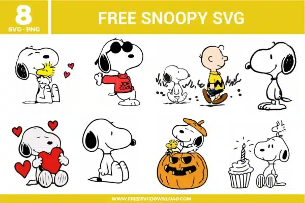8 free snoopy svg files featuring Peanuts characters, including Snoopy hugging Woodstock, Joe Cool wearing sunglasses, Charlie Brown walking with Snoopy, Snoopy holding a red heart, sitting inside a Halloween pumpkin, and celebrating with a birthday cupcake.