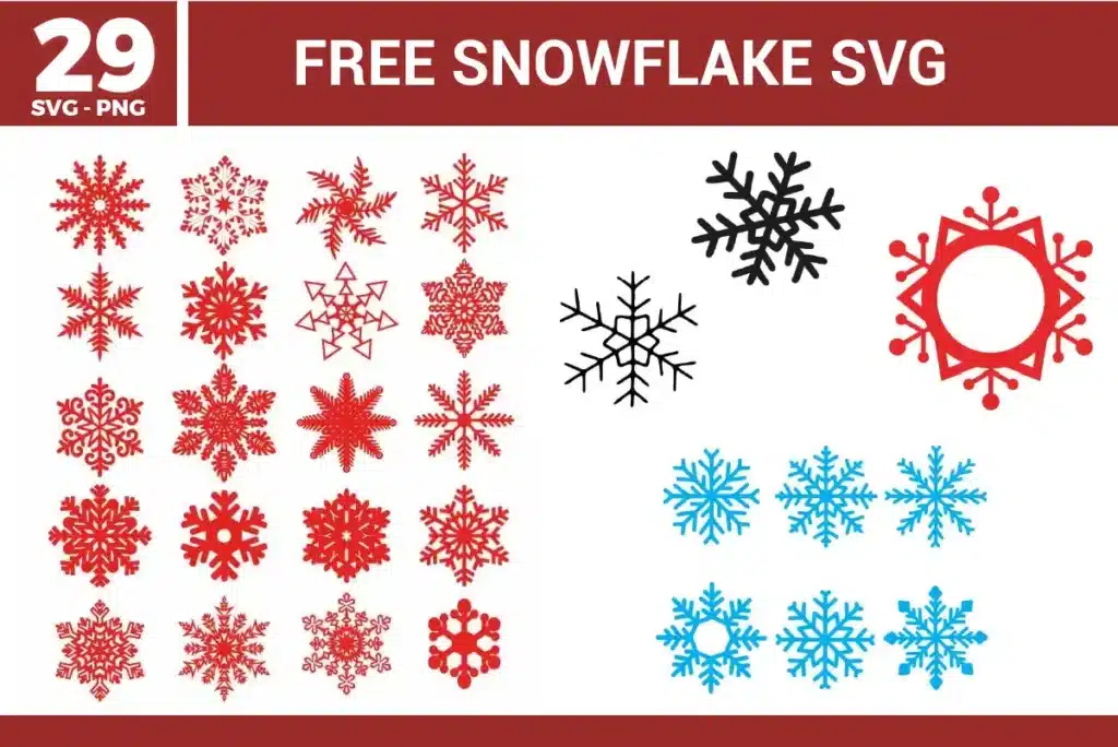 29 intricate winter designs from the Snowflake SVG bundle, available as free svg files for holiday DIY crafts.