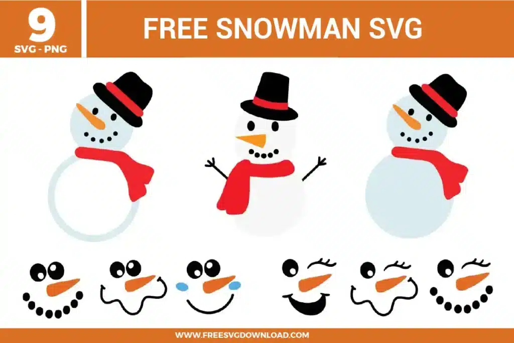 Characters from the Snowman SVG bundle with scarves and top hats, available as free svg files for winter crafting.