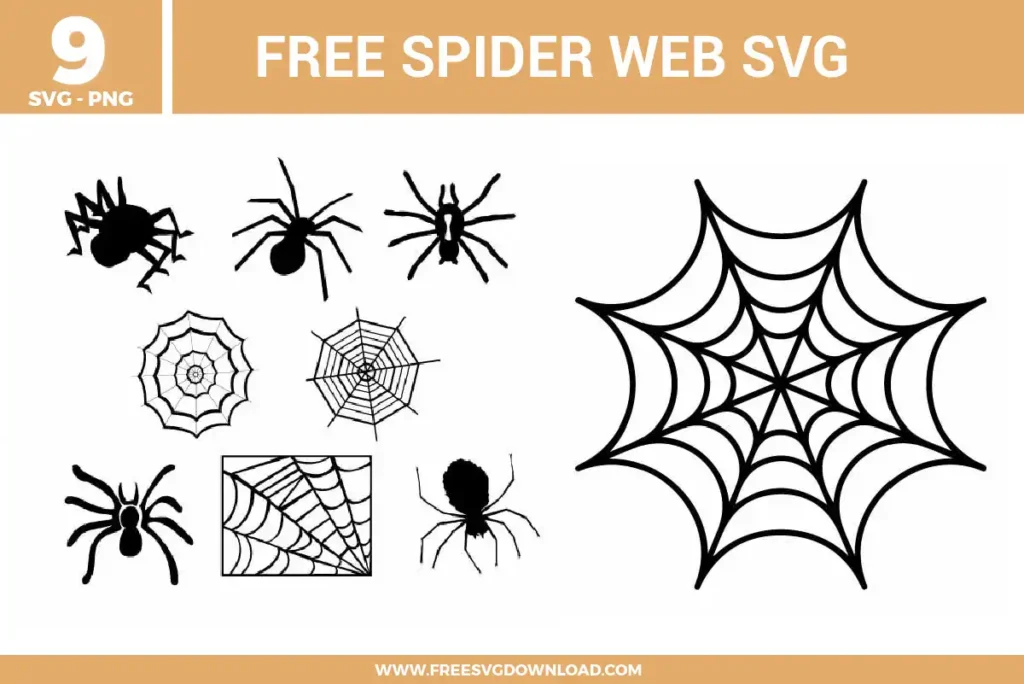 9 spider and web designs featuring realistic spider silhouettes, intricate circular cobwebs, and a corner web frame as free svg files. The black vector graphics range from thick, bold arachnid shapes to delicate, fine-lined web patterns, perfect for creating spooky high-contrast Halloween vinyl decals and window clings.