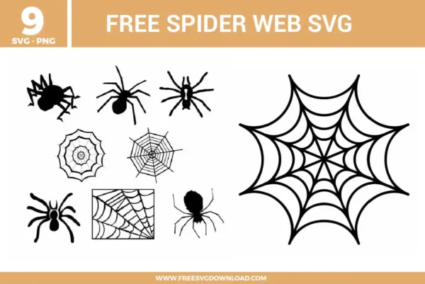 9 spider and web designs featuring realistic spider silhouettes, intricate circular cobwebs, and a corner web frame as free svg files. The black vector graphics range from thick, bold arachnid shapes to delicate, fine-lined web patterns, perfect for creating spooky high-contrast Halloween vinyl decals and window clings.