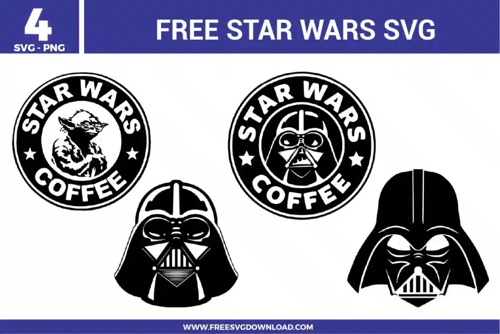 Free Star Wars SVG designs showing Darth Vader faces and Star Wars coffee style circular logos in bold black and white line art