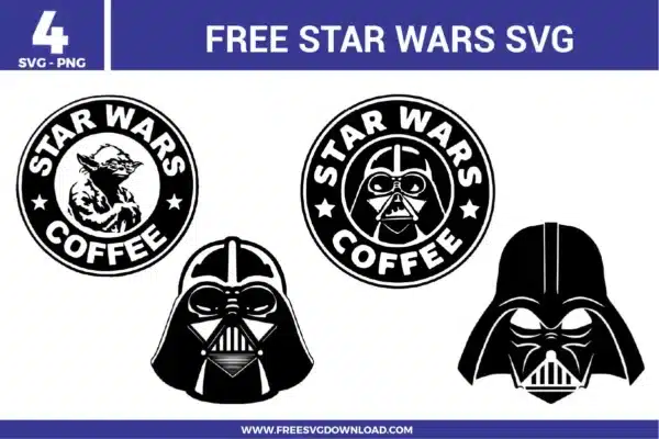 Free Star Wars SVG designs showing Darth Vader faces and Star Wars coffee style circular logos in bold black and white line art