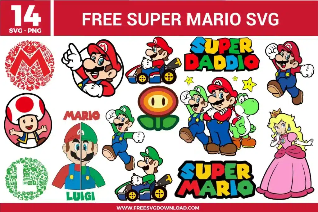 14 free svg files featuring Super Mario characters, including Mario and Luigi in go-karts, Princess Peach, Yoshi, Toad, a "Super Daddio" typographic logo, a split Mario and Luigi face design, and intricate Mario and Luigi letter emblems filled with gaming icons for vibrant vinyl crafts.