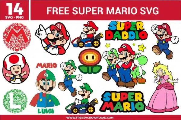 14 free svg files featuring Super Mario characters, including Mario and Luigi in go-karts, Princess Peach, Yoshi, Toad, a "Super Daddio" typographic logo, a split Mario and Luigi face design, and intricate Mario and Luigi letter emblems filled with gaming icons for vibrant vinyl crafts.