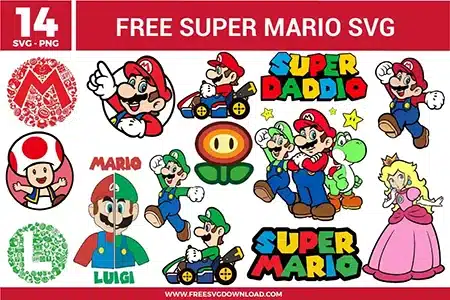14 free svg files featuring Super Mario characters, including Mario and Luigi in go-karts, Princess Peach, Yoshi, Toad, a "Super Daddio" typographic logo, a split Mario and Luigi face design, and intricate Mario and Luigi letter emblems filled with gaming icons for vibrant vinyl crafts.