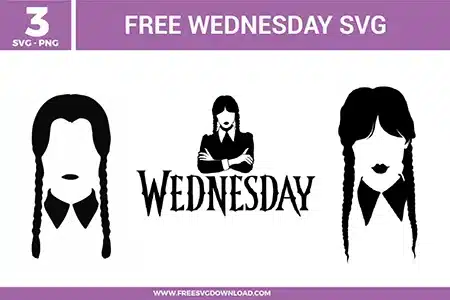 Three minimalist black vector silhouettes of Wednesday Addams featuring her iconic braided pigtails and sharp white collar designs as free svg files. The bundle includes two faceless hair outlines and one detailed character silhouette with crossed arms above the gothic "Wednesday" logo text, perfect for dark aesthetic fan crafts.