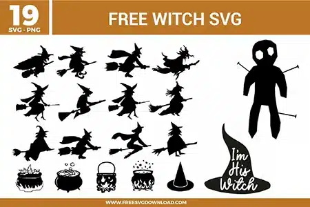 19 witch-themed designs featuring various silhouettes of witches flying on brooms, bubbling magic cauldrons, a voodoo doll, and an "I'm His Witch" hat graphic as free svg files. The black vector collection showcases diverse poses and enchanting details perfect for mystical Halloween DIY projects and vinyl crafts.